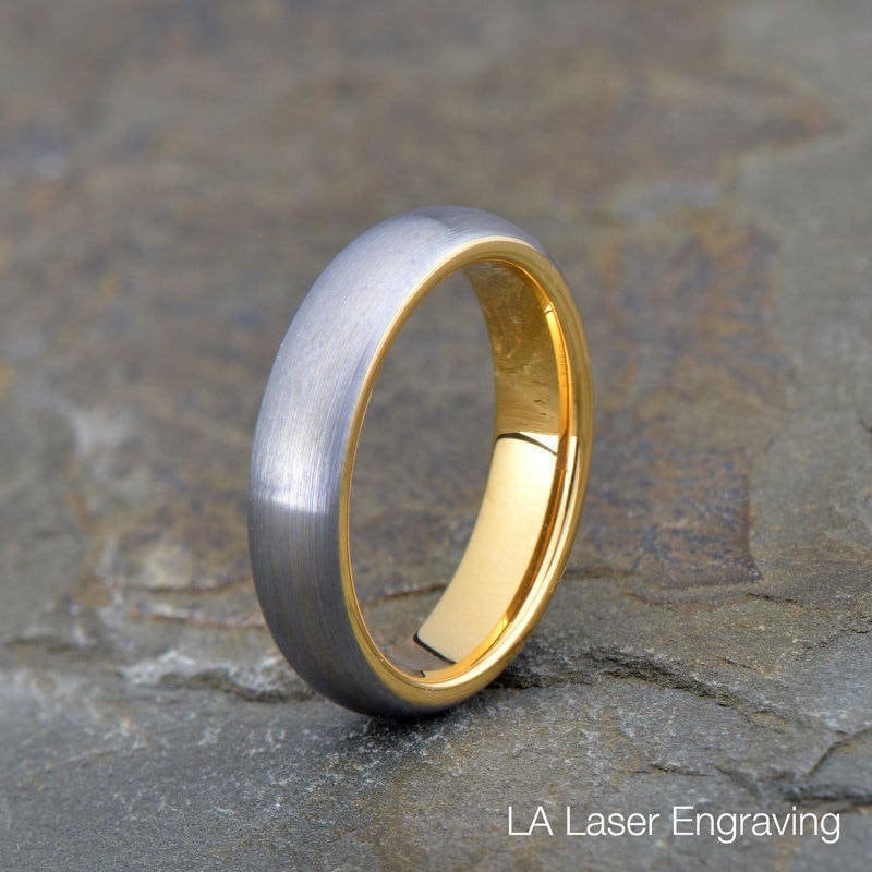 Gray Brushed Tungsten Ring Domed Wedding Band With Yellow Gold Interior