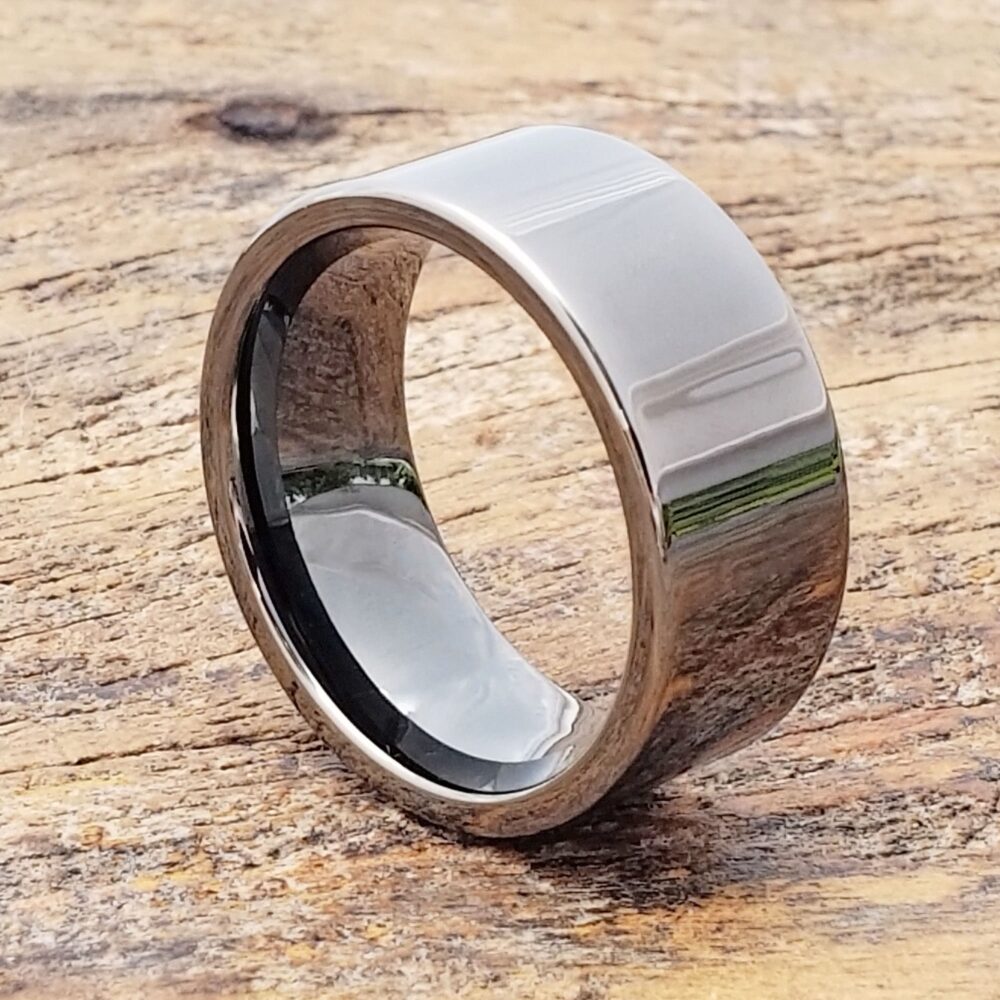 Black Ice Tungsten Ring, Flat Wedding Band, Gunmetal Finish