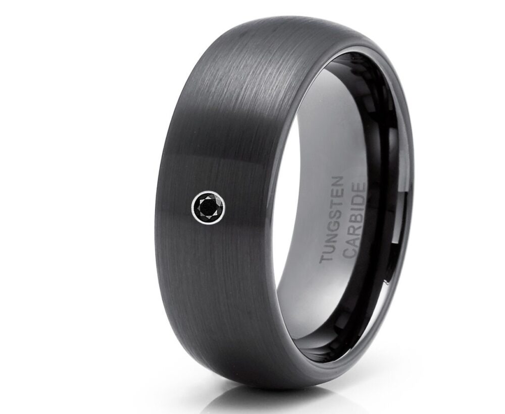 Groom's Tungsten Wedding Band, Black Diamond Ring, Anniversary & Engagement, Comfort Fit Band, Unique Tungsten Ring, Black Brush Ring, Unisex Ring
