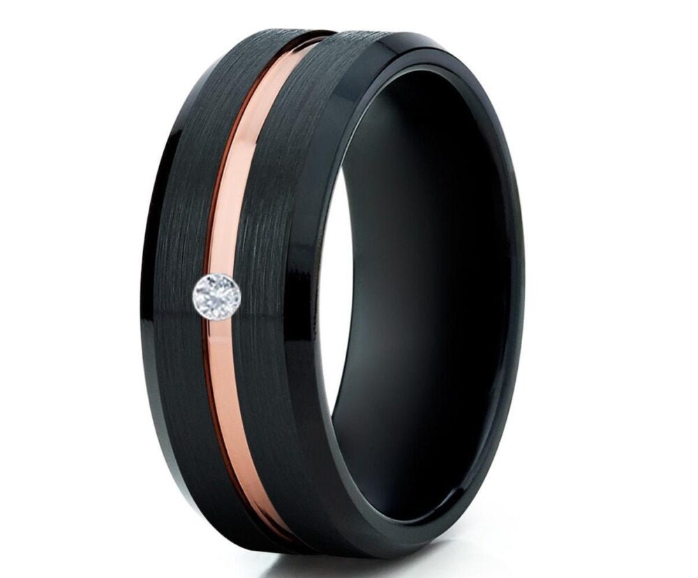 Tungsten Carbide Band, Unique Wedding Band, Black Band, 18K Rose Gold Ring, Beveled Band, Comfort Fit Ring, White Diamond Ring
