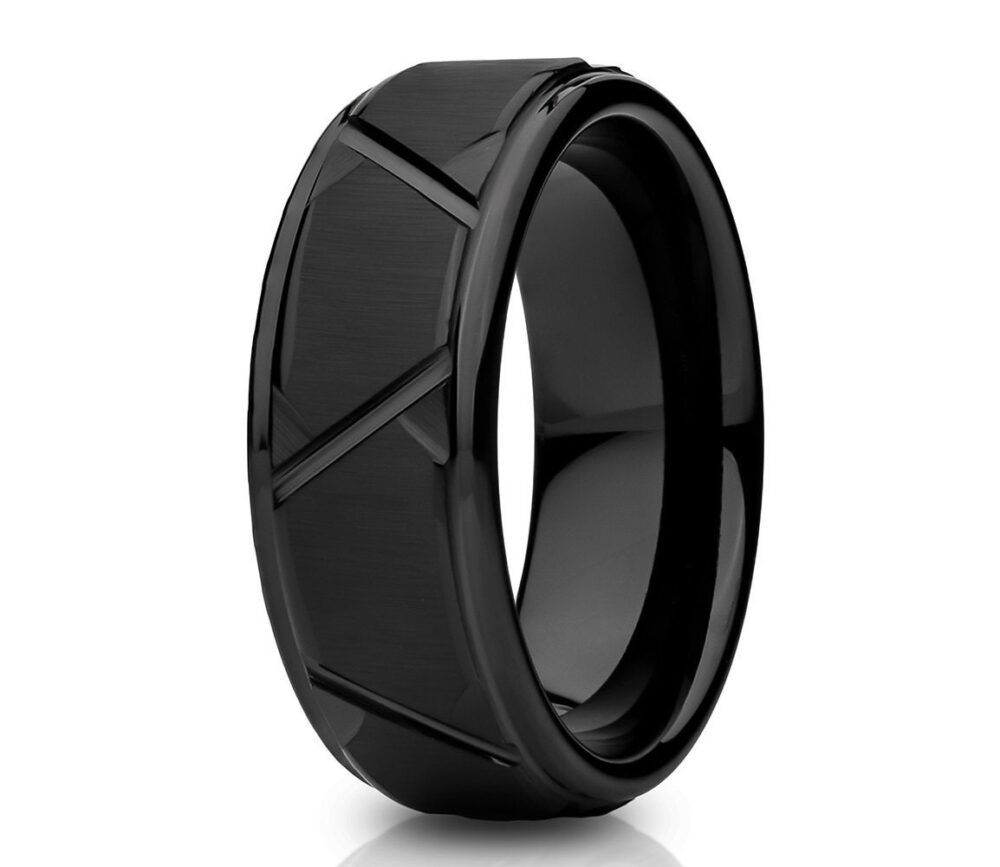 Modern Black Wedding Band, Tungsten Carbide, Diamond Cut Design Ring, Black Tungsten Ring, Anniversary & Engagement, Comfort Fit Ring, Brush Band