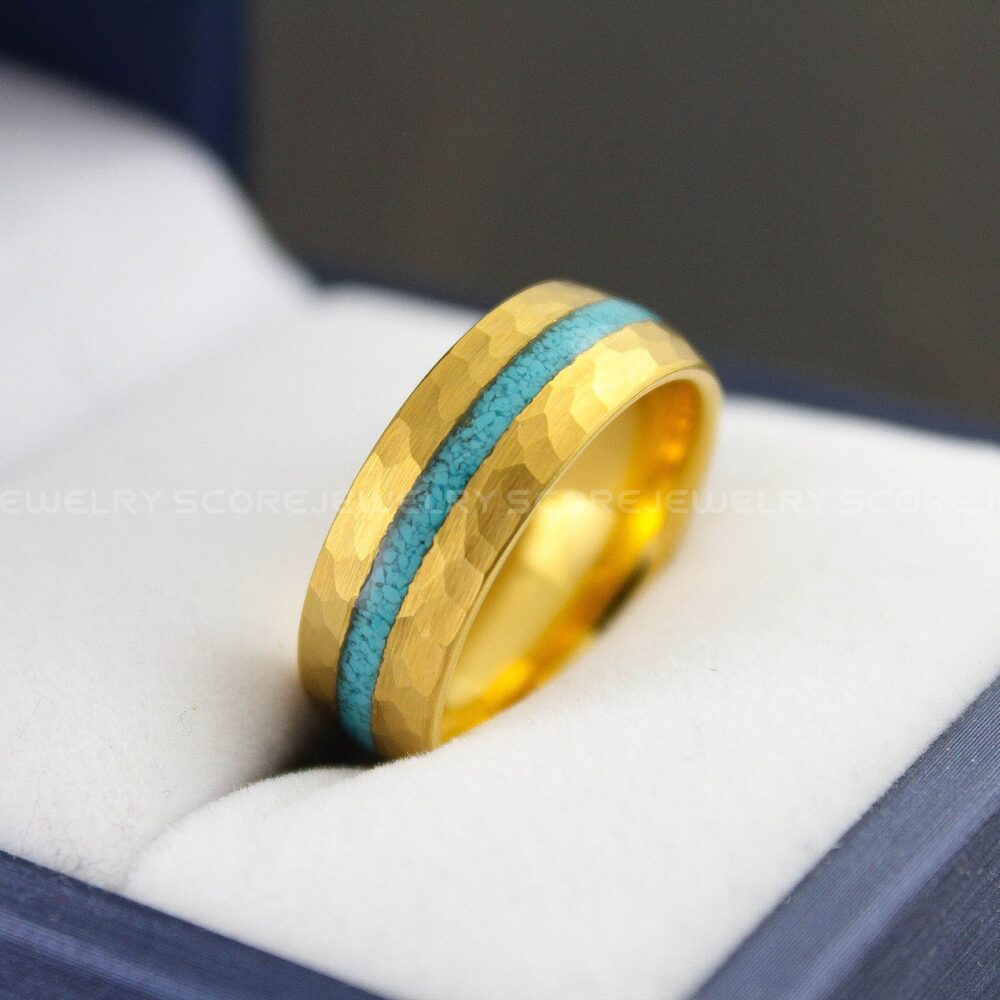 Turquoise Ring, Rose Gold Wedding Tungsten Band Hammered Finish & Inlay, Ring