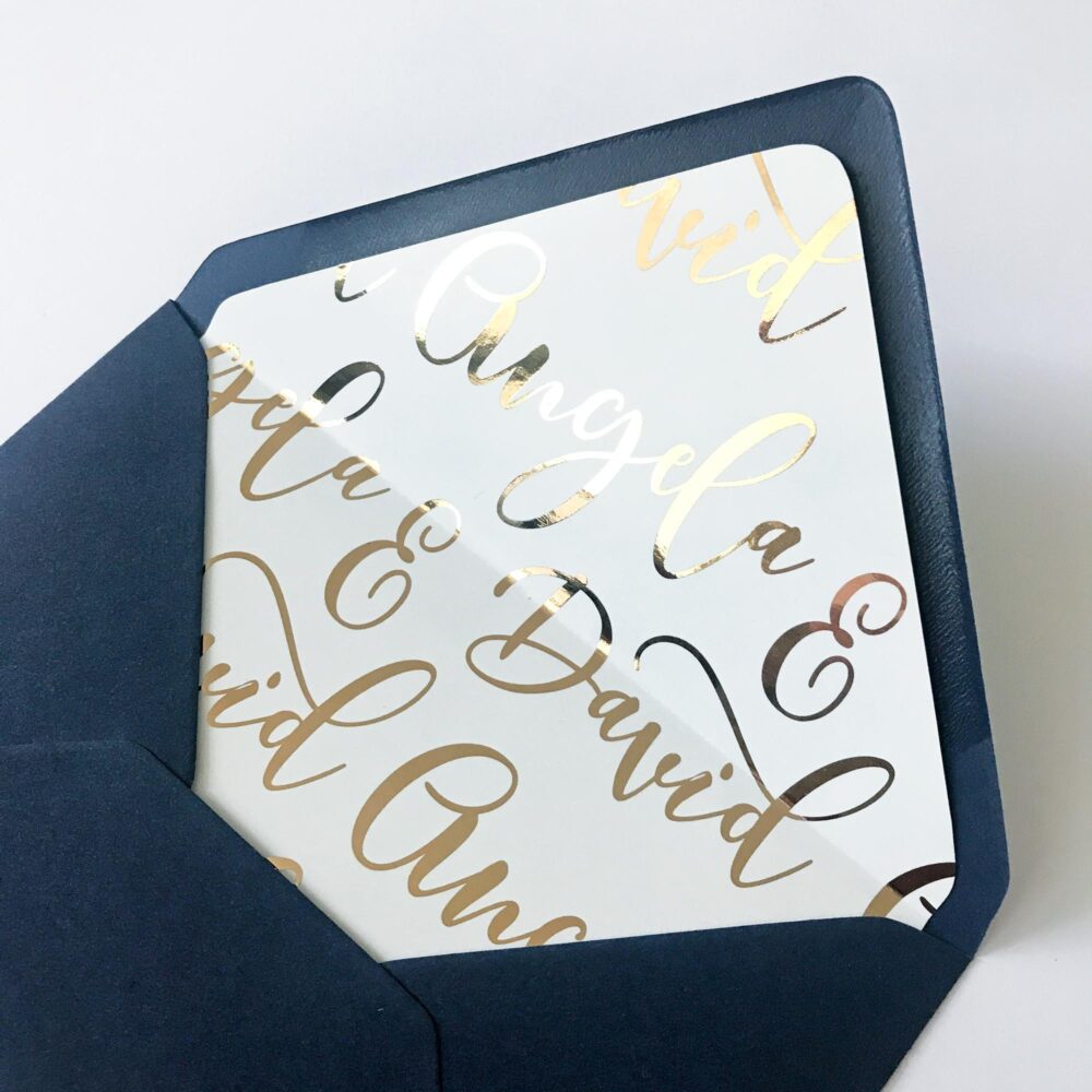 Modern Gold Foil Wedding Envelope Liners Elegant Calligraphy Bride & Groom Names Luxury Invitation Envelopes