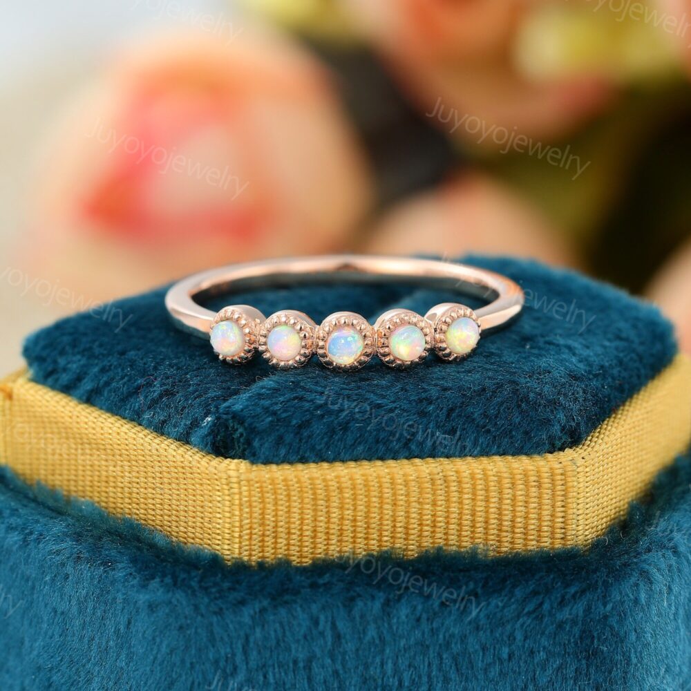 Unique Opal Wedding Band Rose Gold Woman Ring Matching Stacking Art Deco Anniversary Gift For Her