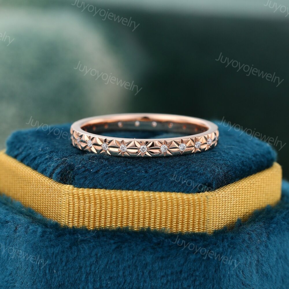 Diamond Wedding Band Vintage Rose Gold Filigree Ring Full Eternity Moissanite Matching Stacking Anniversary Gift For Her