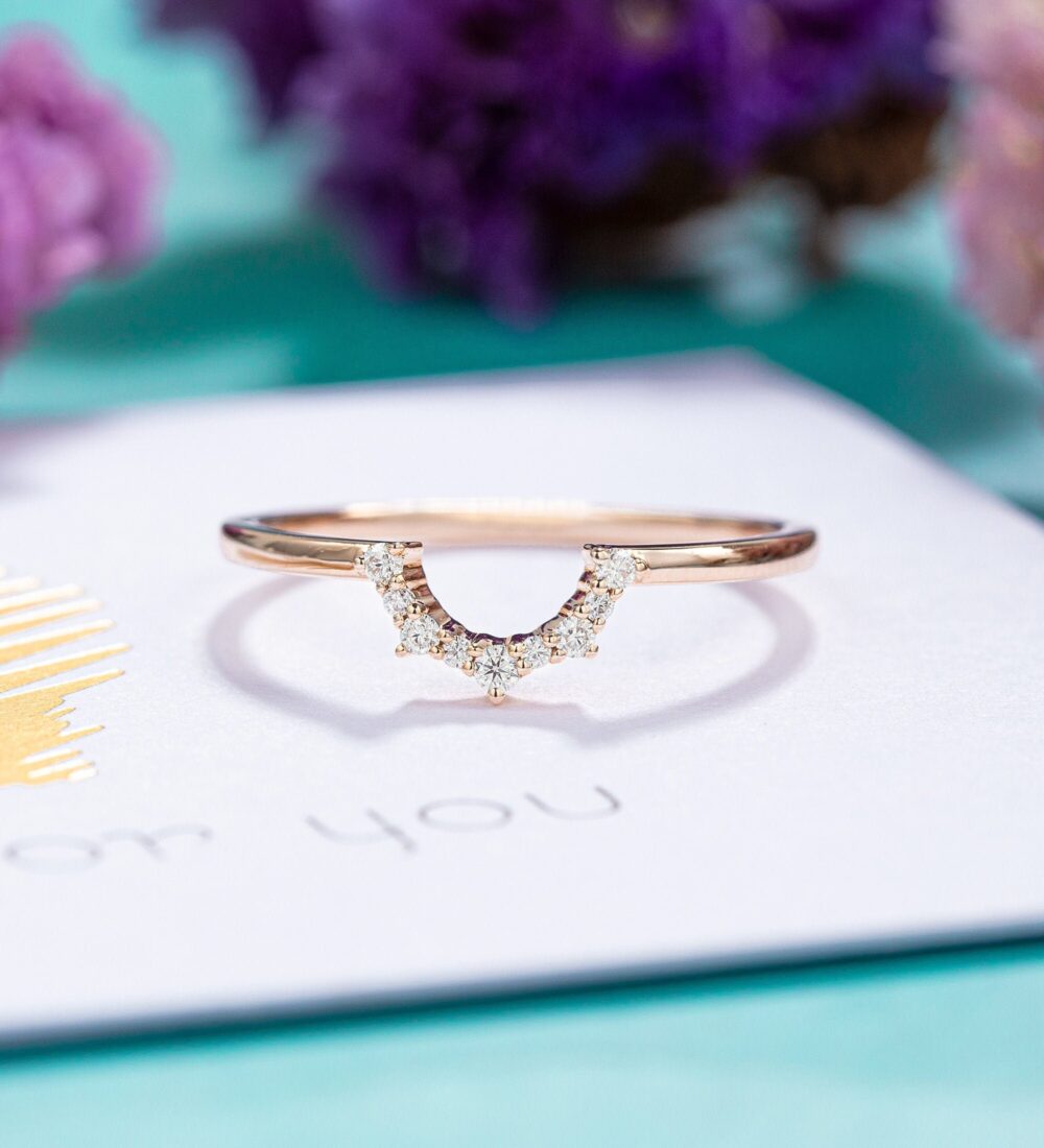 Curved Moissanite Wedding Band Women Art Deco Vintage Rose Gold Bridal Ring Unique Anniversary Gift For Her