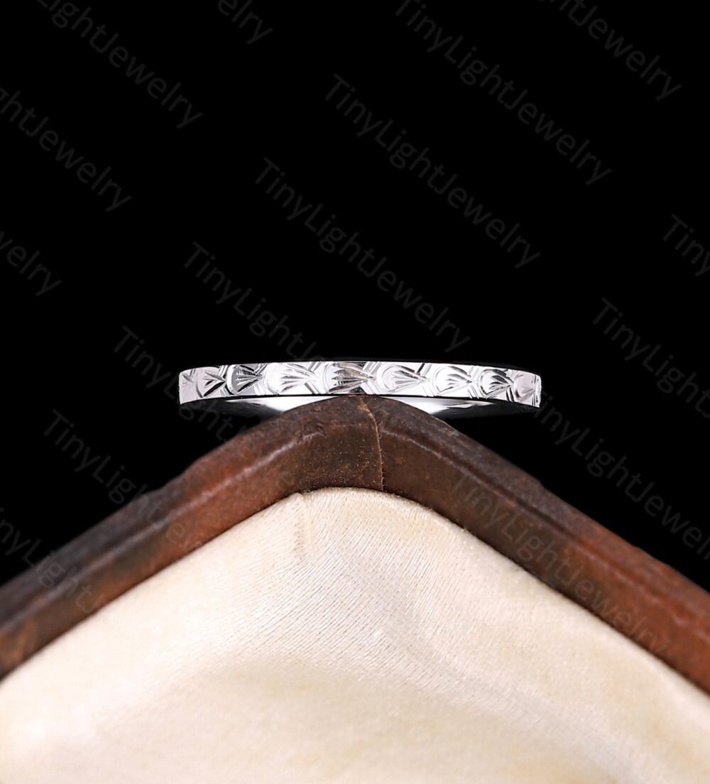 Vintage Engraved Wedding Band, Minimalist Rose Gold Stacking Ring, Carved Pattern Thin Dainty Bridal Anniversary Gift For Her