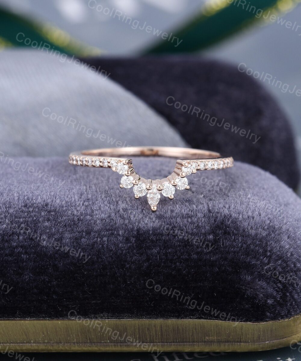 Curved Wedding Band Women Rose Gold Vintage Ring Marquise Cut Moissanite Stacking Matching Bridal Promise Anniversary Gift For