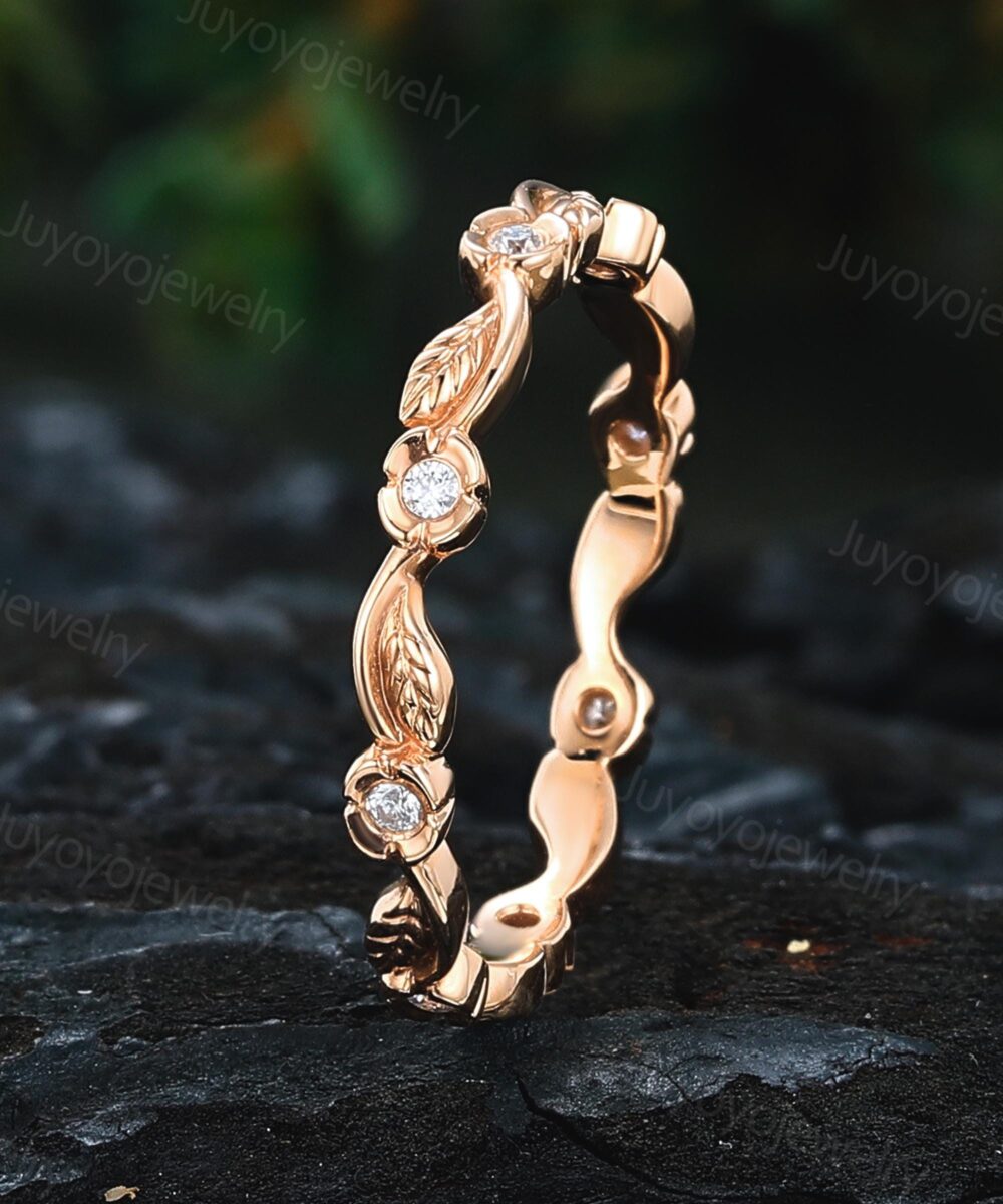 Full Eternity Moissanite Wedding Band Rose Gold Stack Ring Vintage Floral Matching Stackable Bridal Anniversary Gift For Her