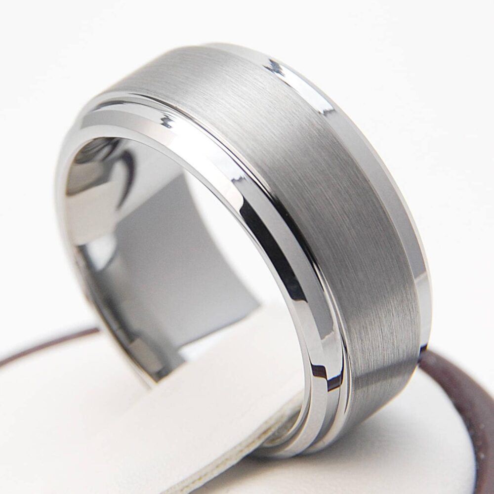 8mm Tungsten Carbide Ring, Brushed Gray Silver, Beveled Edge Wedding Band