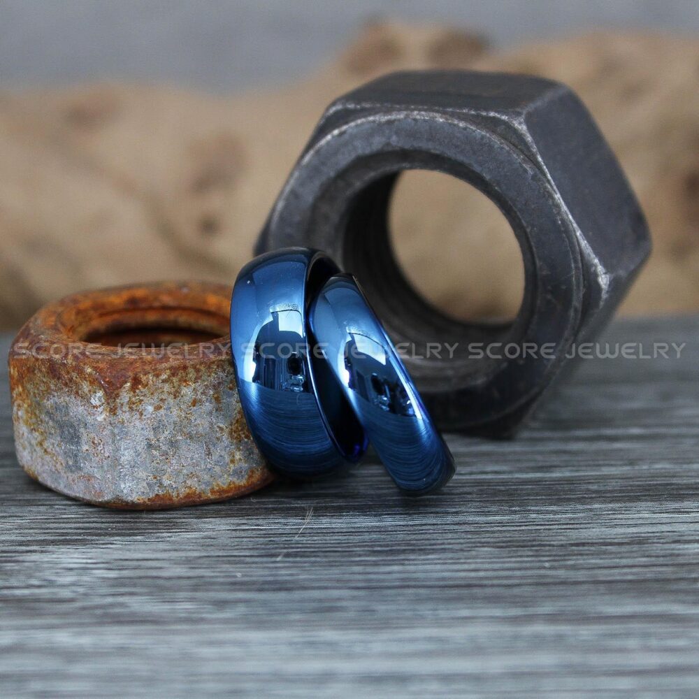 Blue Wedding Ring, 6mm Tungsten Band With Domed Edge