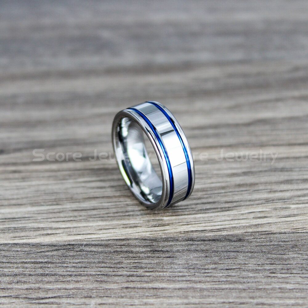 Silver Wedding Ring, Tungsten Band Ring 8mm With Two Blue Center Grooves
