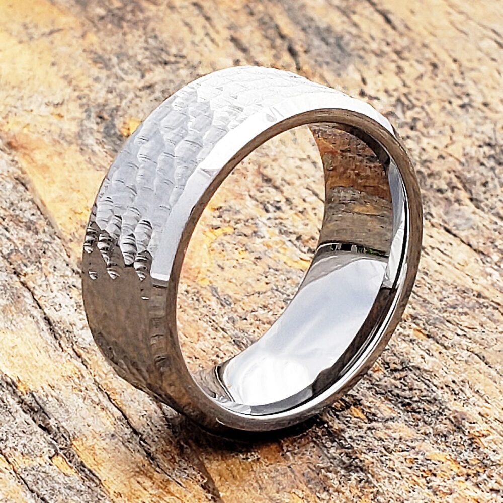 Hammered Tungsten Carbide Ring, 9mm Beveled Wedding Band, Personalized