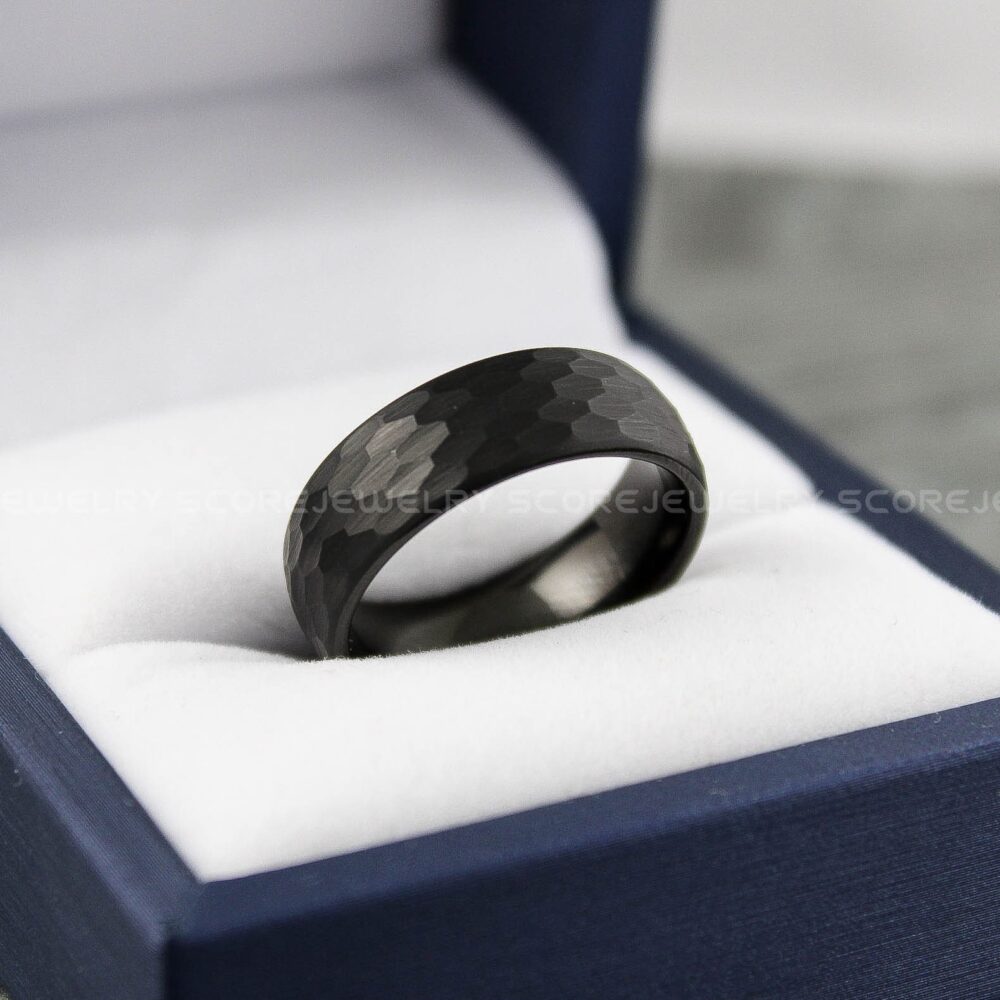 Hammered Ring, Band, 8mm Black Tungsten Band Matte Finish Wedding Ring