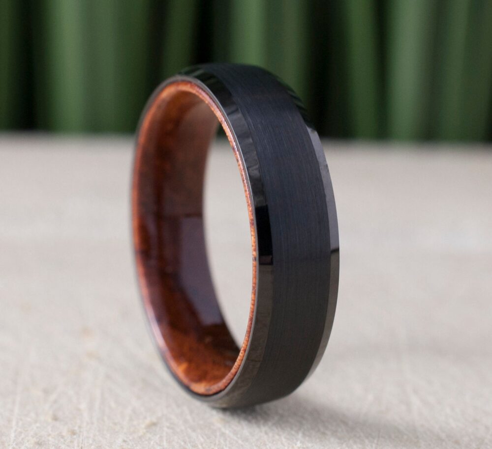 Black Tungsten Brushed Ring Rosewood Inside Wedding Band 6mm Comfort Fit