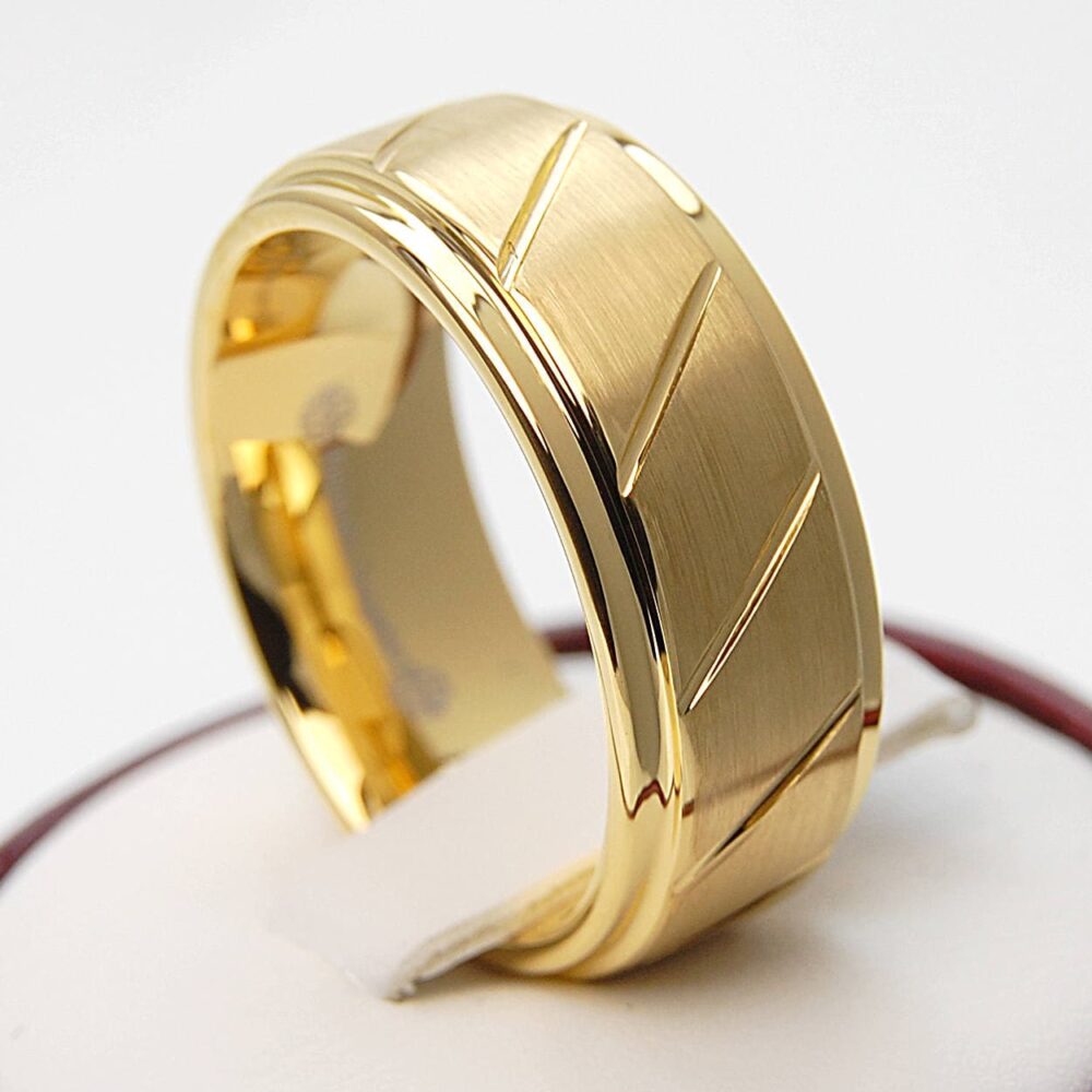 Gold Tungsten Carbide Ring, Brushed Groove Wedding Band | 8mm Valentines Gift For Him