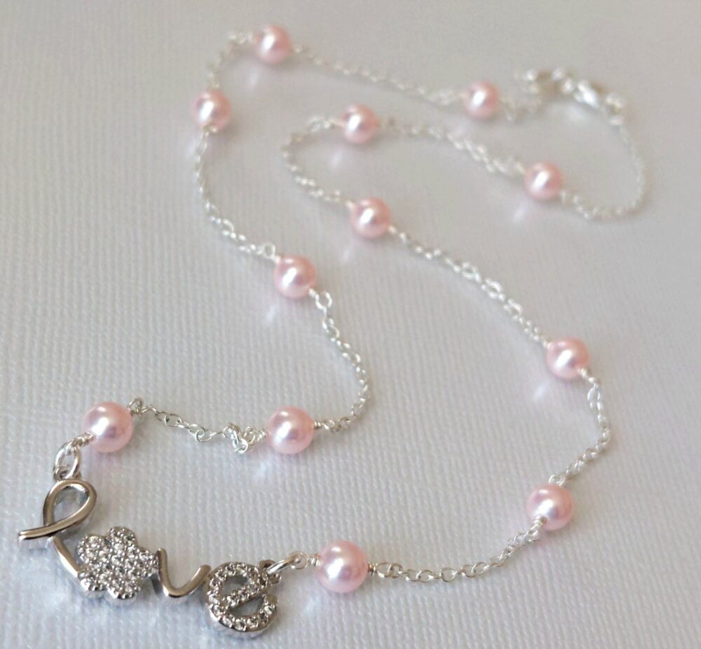 Blush Pink Pearl "Love" Script Wedding Necklace, 18"Light Rosaline Prom Bridal Jewelry