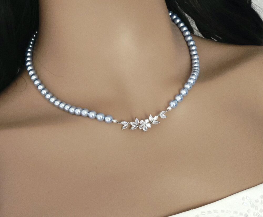 Blue Pearl Cz Wedding Necklace, 18"Blush Bridal Prom Light Women Jewelry