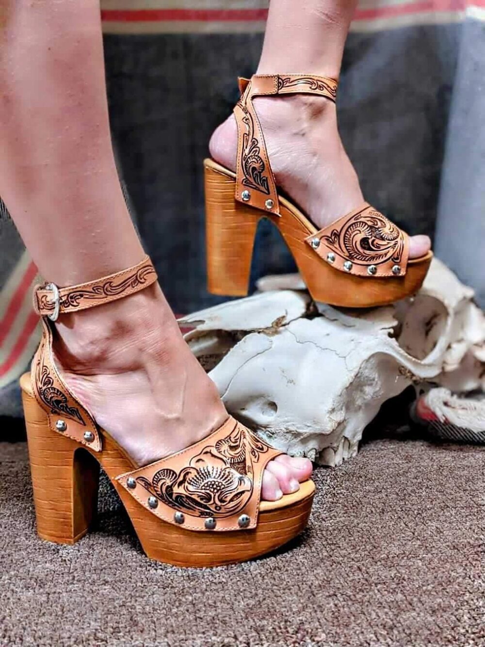 Tooled Leather High Heels. Launching Sale Handcrafted. Any Color. Western Shoes. 4.75" Heel