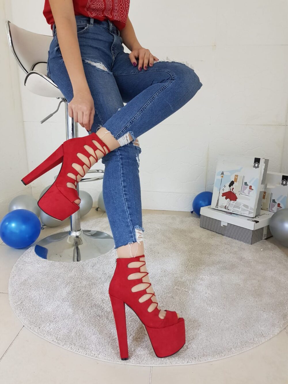 Red Platform High Heel Evening Shoes Lace-Up Party Heels