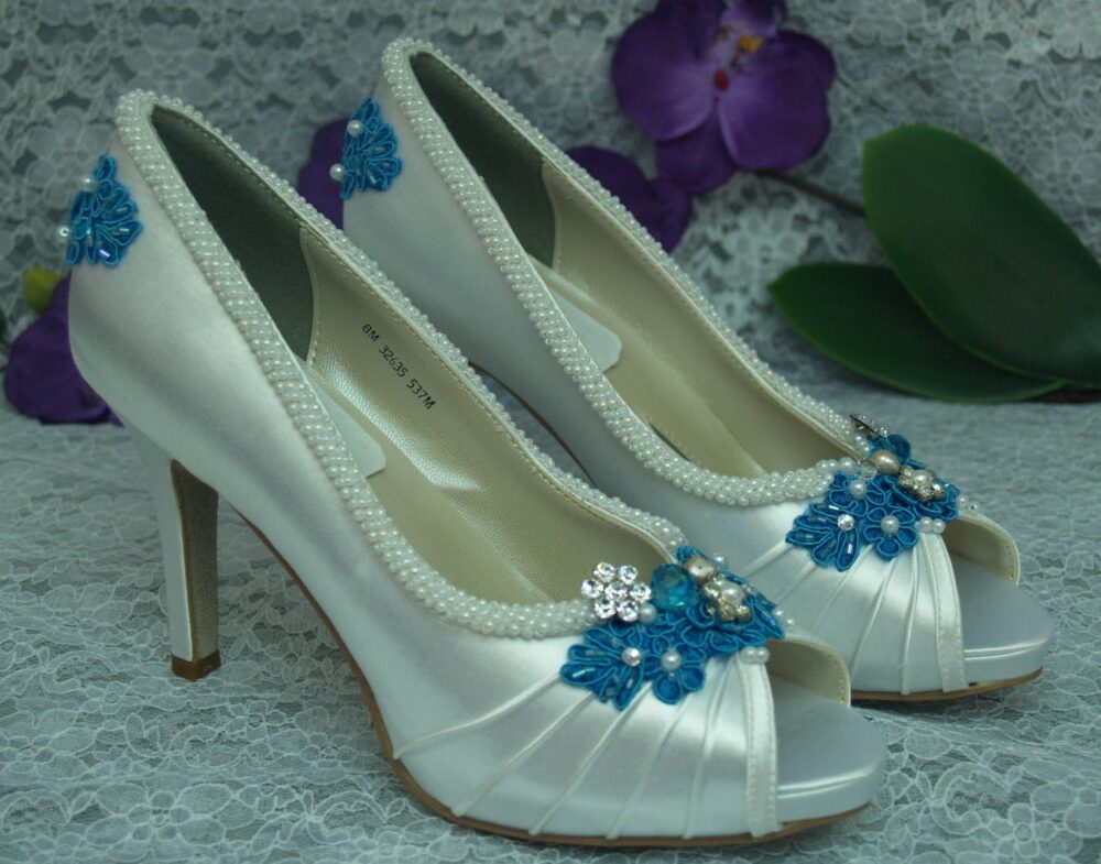 Size 8 Wedding Shoes Turquoise Blue High Heels Ready To Ship Brides Something Blue, Satin Peep Toe Pumps, Rouged Satin, 3 1/4" Heels, Lace