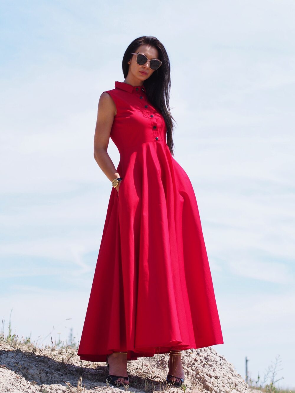 Sleeveless Red Shirt Dress-Elegant Collared Maxi Dress With Buttons -Summer A-Line Cotton Dress, Long Red Maxi Dress, Women's Flared Gown