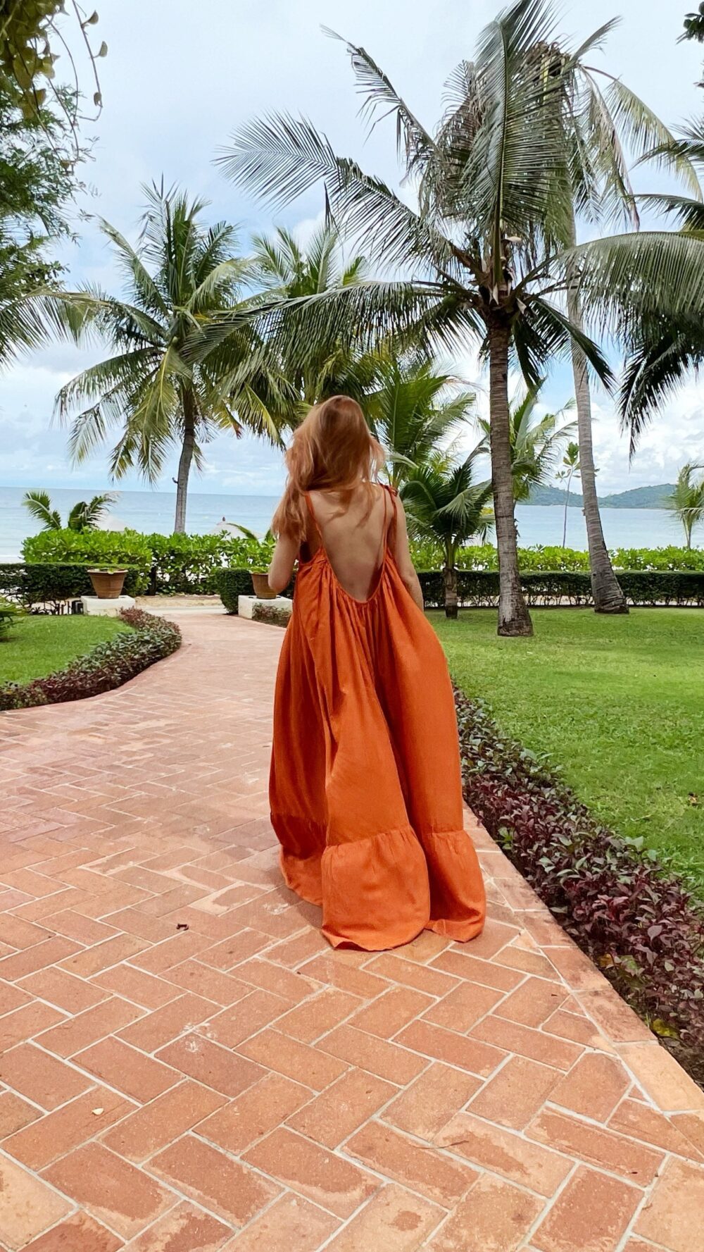 Burnt Orange Maxi Dress, Open Back Tie Shoulder Resort Wear Women, Flowy Beach Vacation Dress