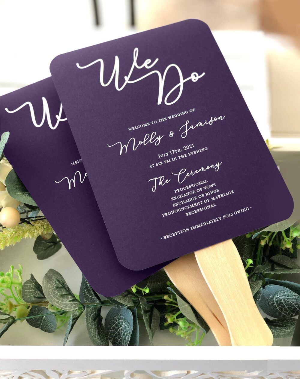 Purple Wedding Program Fans With Wooden Sticks, Dark Plum Programs, Decor, Printed Fans, Includes You Assemble