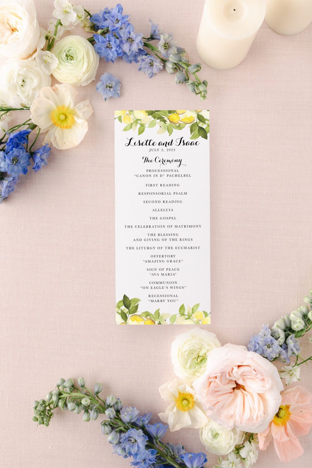 Watercolor Wedding Program Card, Beach Floral, Destination Lemons, Amalfi Programs, Ceremony