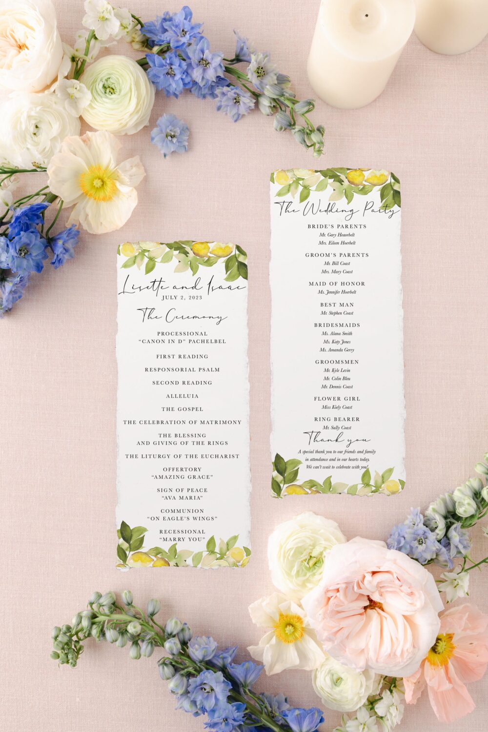 Watercolor Wedding Programs Printed, Handmade Paper Deckled Edge, Lemon Program Destination Wedding, Double Sided Ceremony