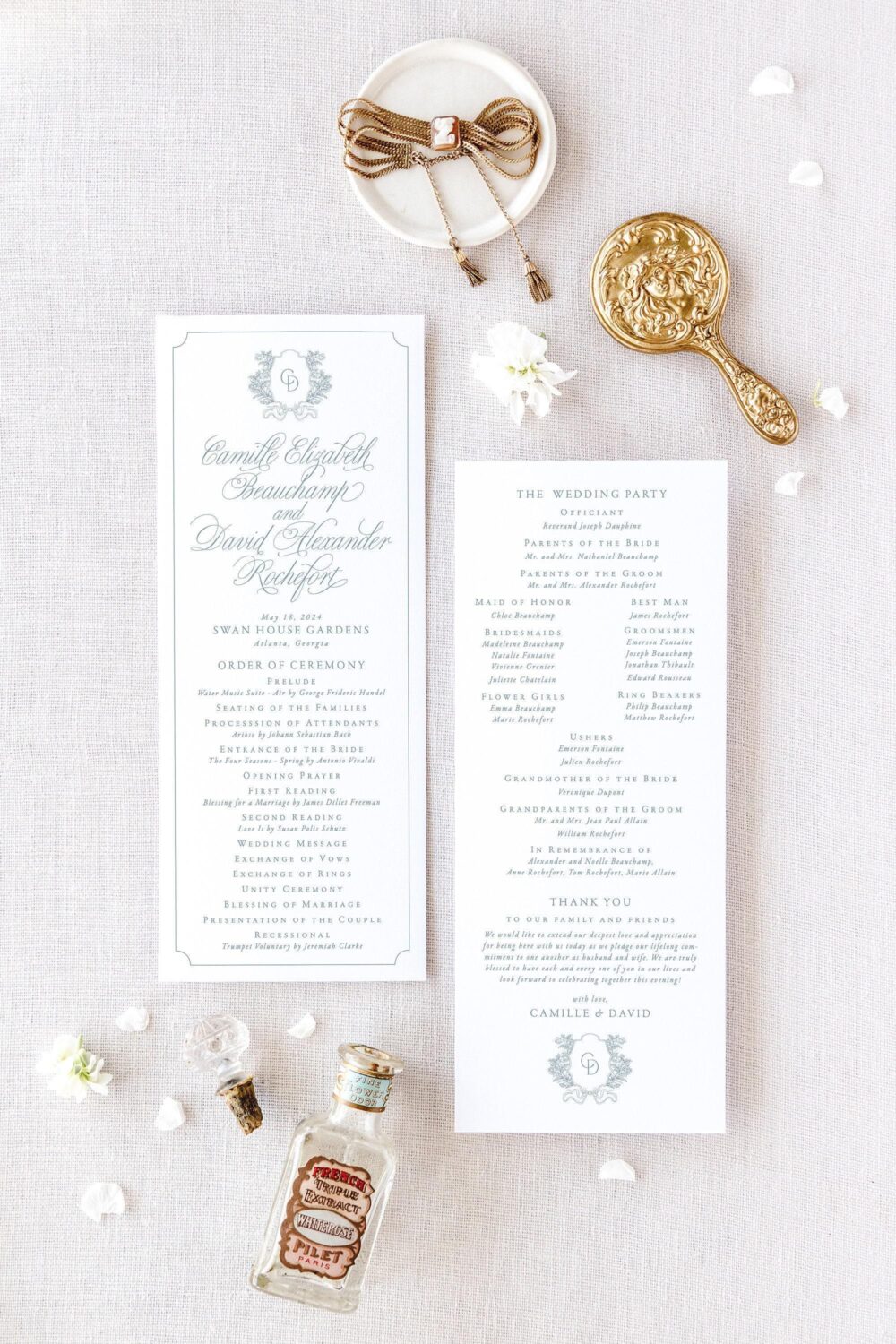 Dusty Blue Wedding Program, Classic Programs Printed, Ceremony Program With Crest, Simple Order Of Service | Camille