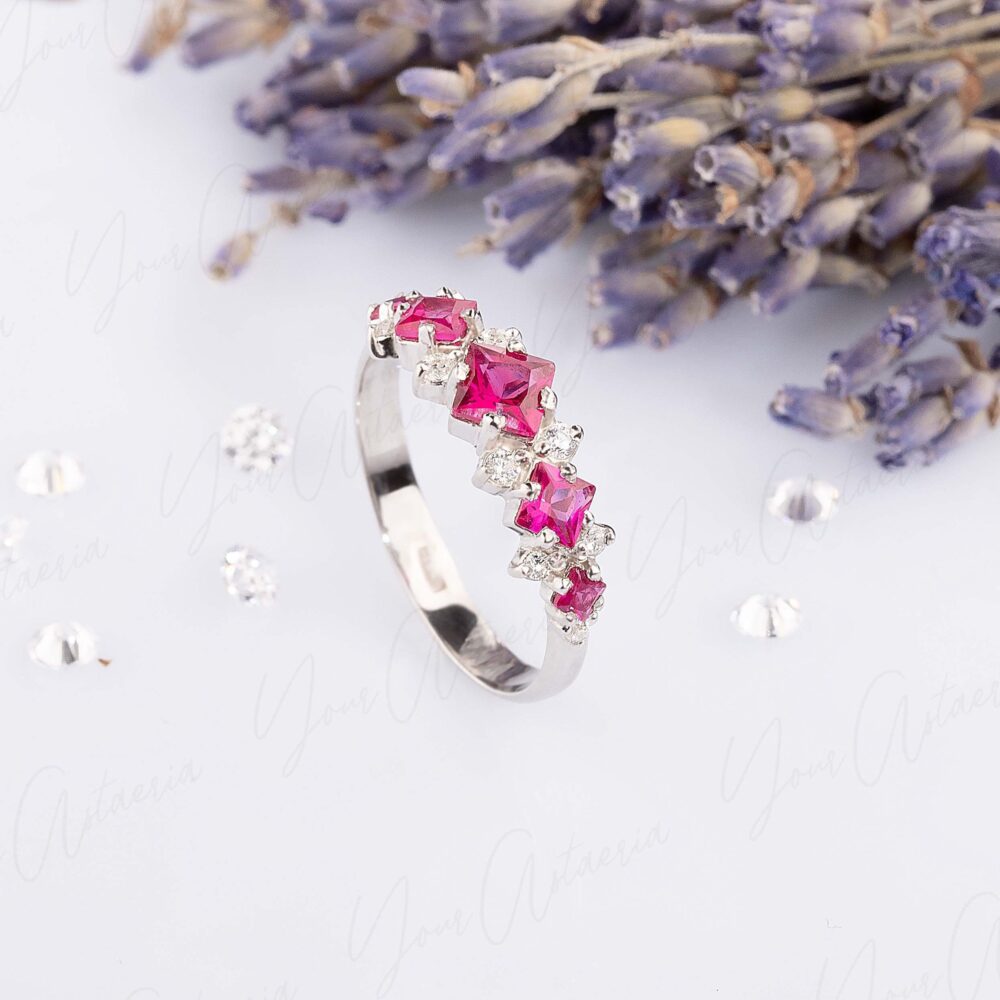 Womens 925 Sterling Silver Princess Cut Ruby Wedding Band, Unique Art Deco Ring, Ruby Engagement Ring, Ruby Promise Ring For Her