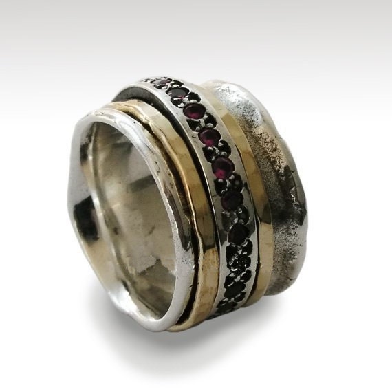 Ruby Ring, Spinner Ring, Rubies Silver Band, Stacking Spinner Gold Filled Wide Wedding Ring - Tuesday, R1075L