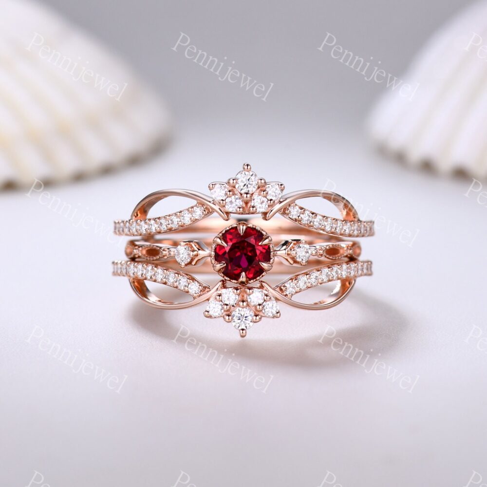 Ruby Engagement Ring Set, Diamond Enhancer Band, Vintage Ruby Rings For Women, Rose Gold Jewelry, Double Curved Band, Anniversary Gift