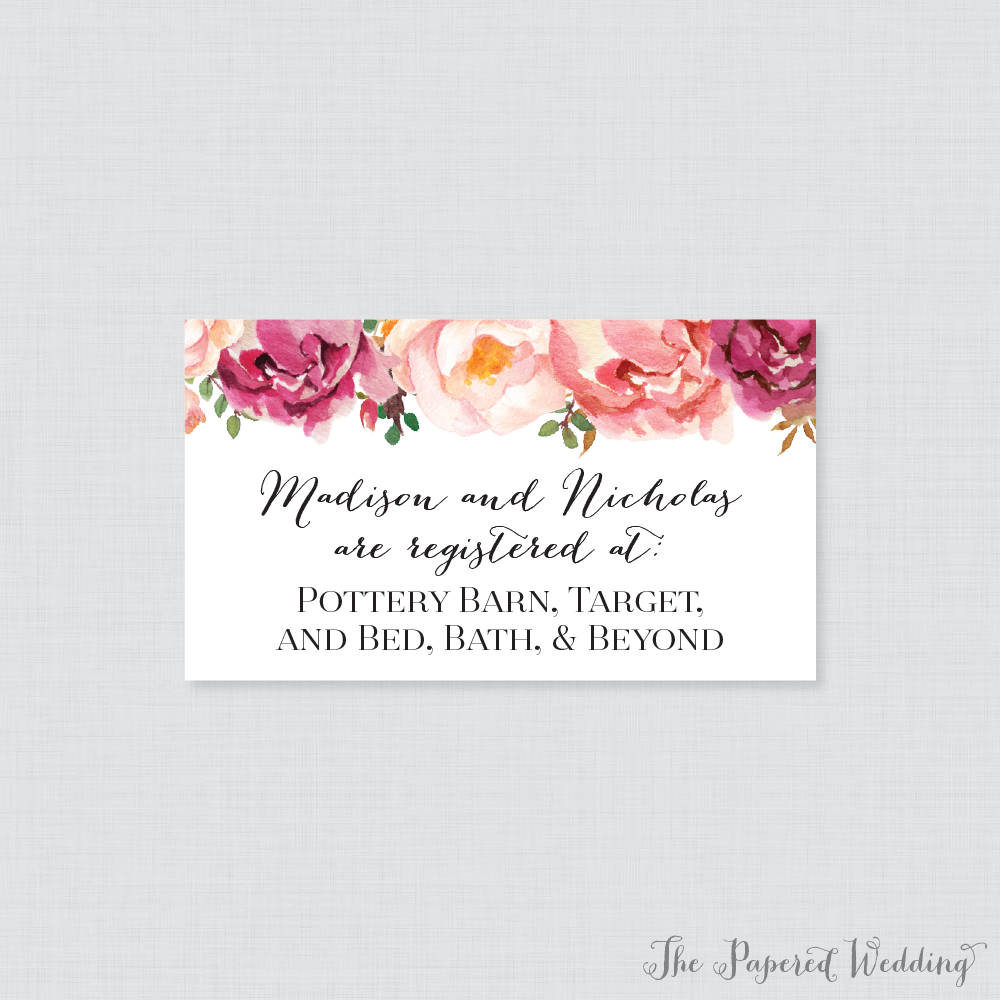 Printable Or Printed Wedding Registry Cards - Pink Floral Invitation Inserts, Rustic Flower Inserts 0004