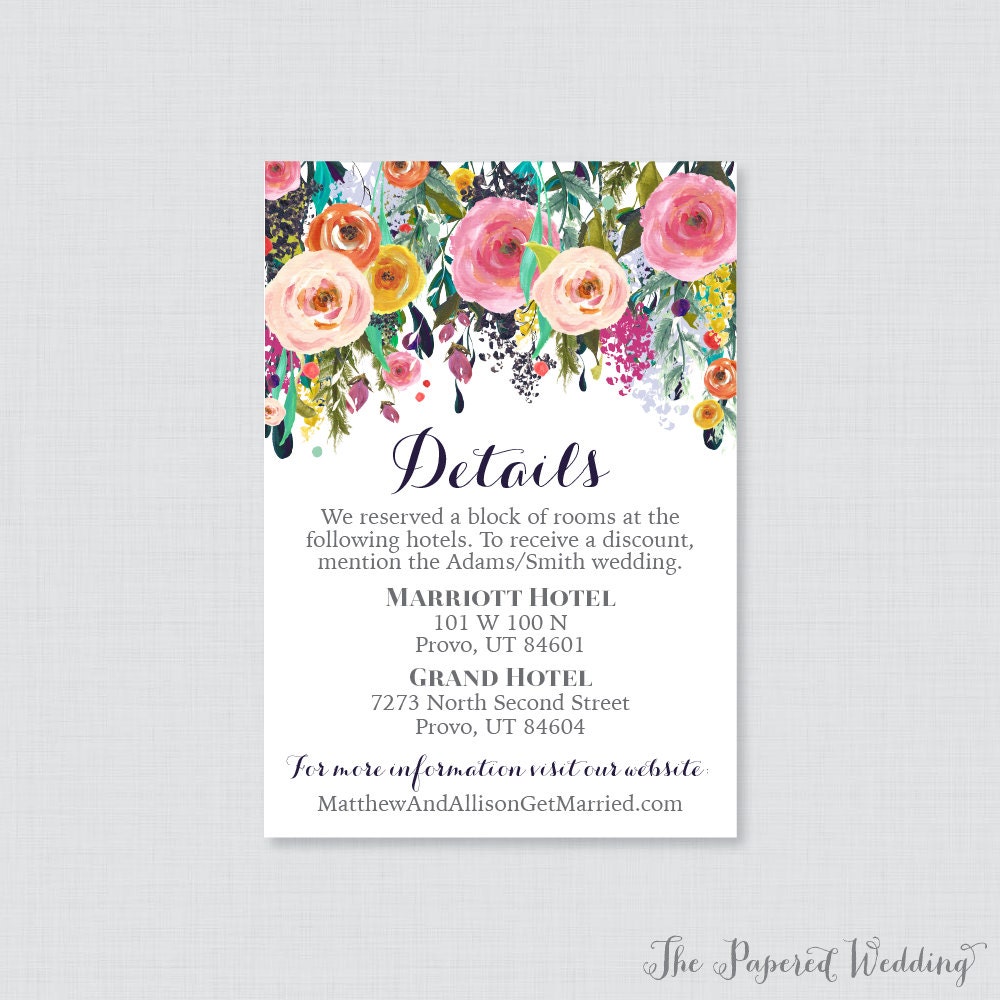 Printable Or Printed Wedding Details Cards - Floral Inserts Colorful Flower Invitation Insert 0003-B