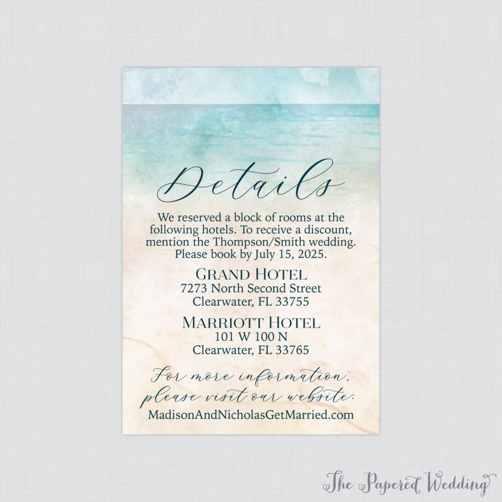 Printable Or Printed Beach Wedding Details Cards - Watercolor Themed Inserts, Ocean & Sand 0035