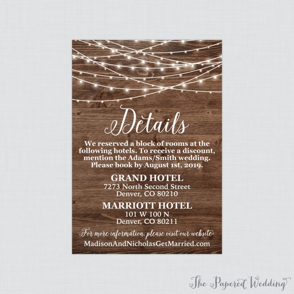 Printable Or Printed Rustic Wedding Details Cards - Wood & String Lights Inserts Country Barn Invitation Insert 0036