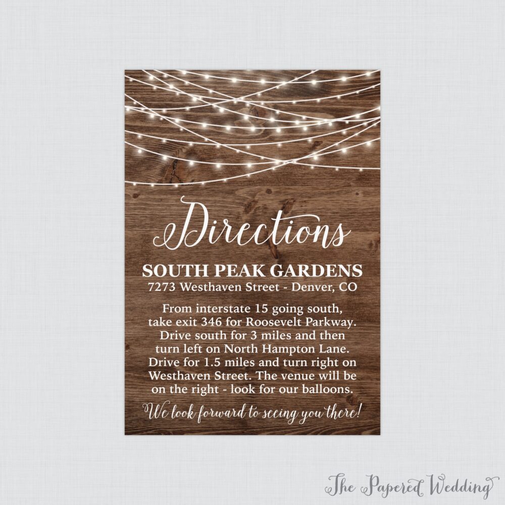 Printable Or Printed Rustic Wedding Directions Cards - Wood & String Lights Inserts Country Barn Invitation Insert 0036
