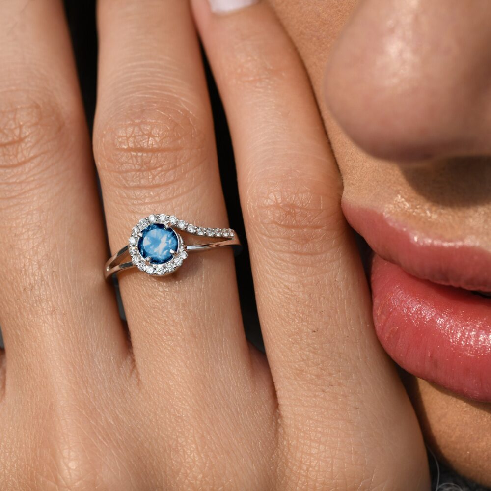 London Blue Topaz Ring in 14K Gold, Twisted Diamond Band, Halo Gemstone Ring, Handmade Gift Or Promise For Her, Unique Jewelry