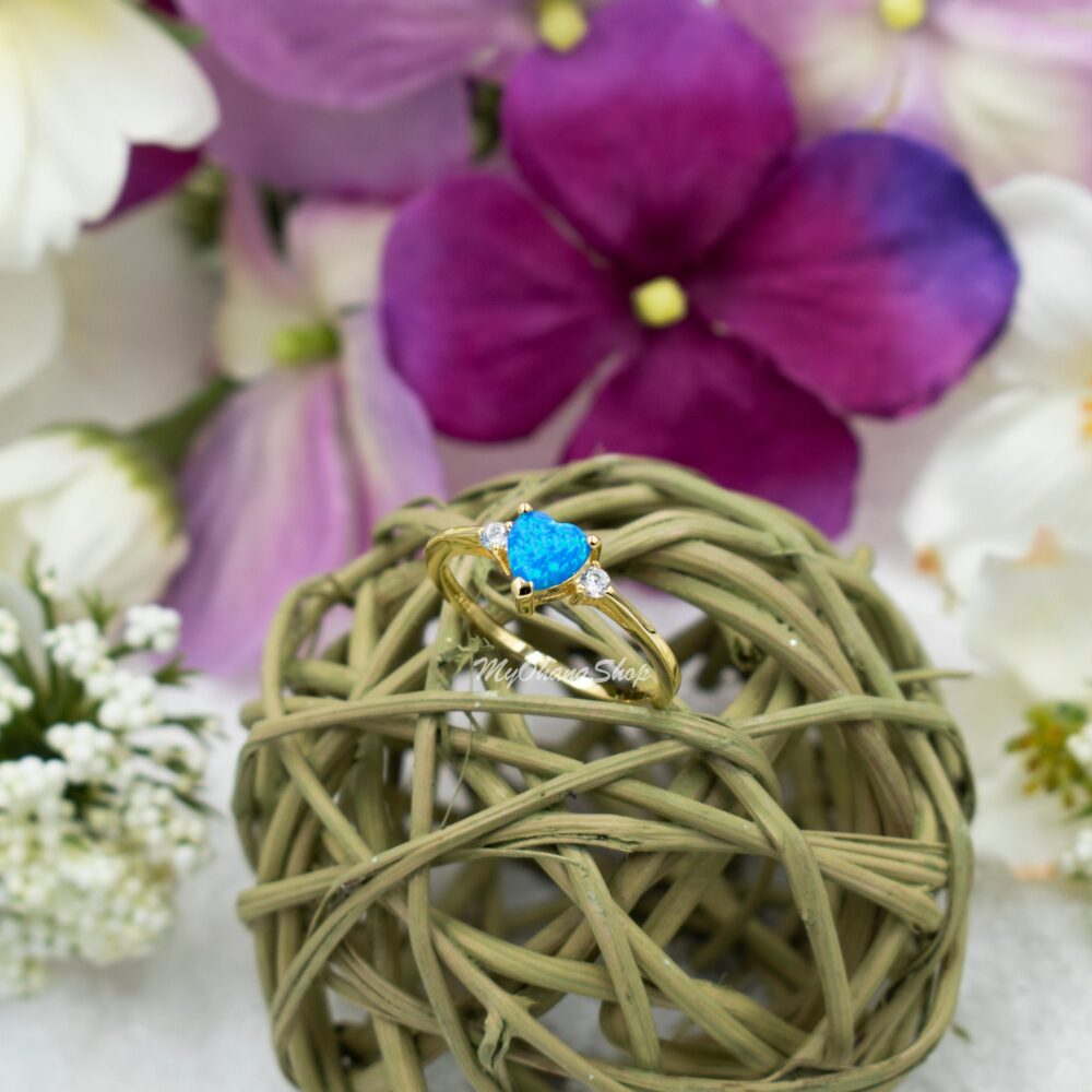 14K Gold Plated Silver Opal Aloha Heart Ring For Women. Sterling Stacking, Dainty Natural Larimar, Created Blue Or White