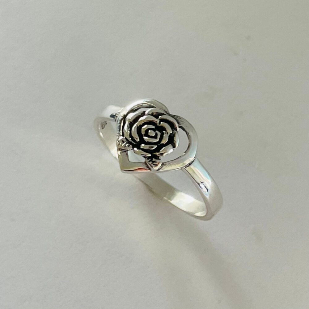 Oxidized Sterling Silver Rose Heart Ring Boho Flower Jewelry