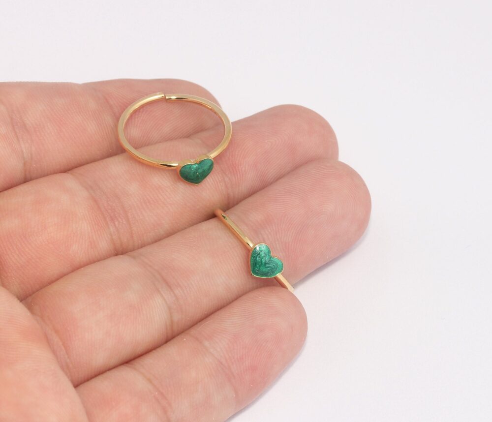 18-19mm 24K Shiny Gold Heart Rings, Green Enamel Ring, Adjustable Stacking Women's Plated Slm305