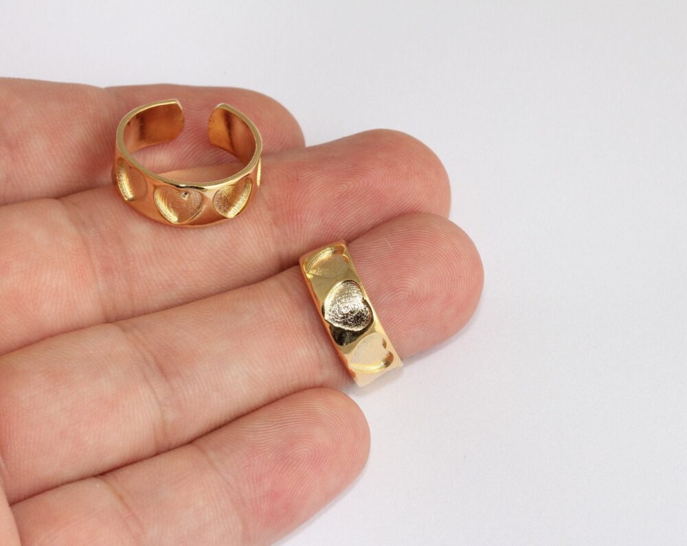 17-18mm 24K Shiny Gold Heart Rings, Ring Settings, Adjustable Band Ring, Slm98