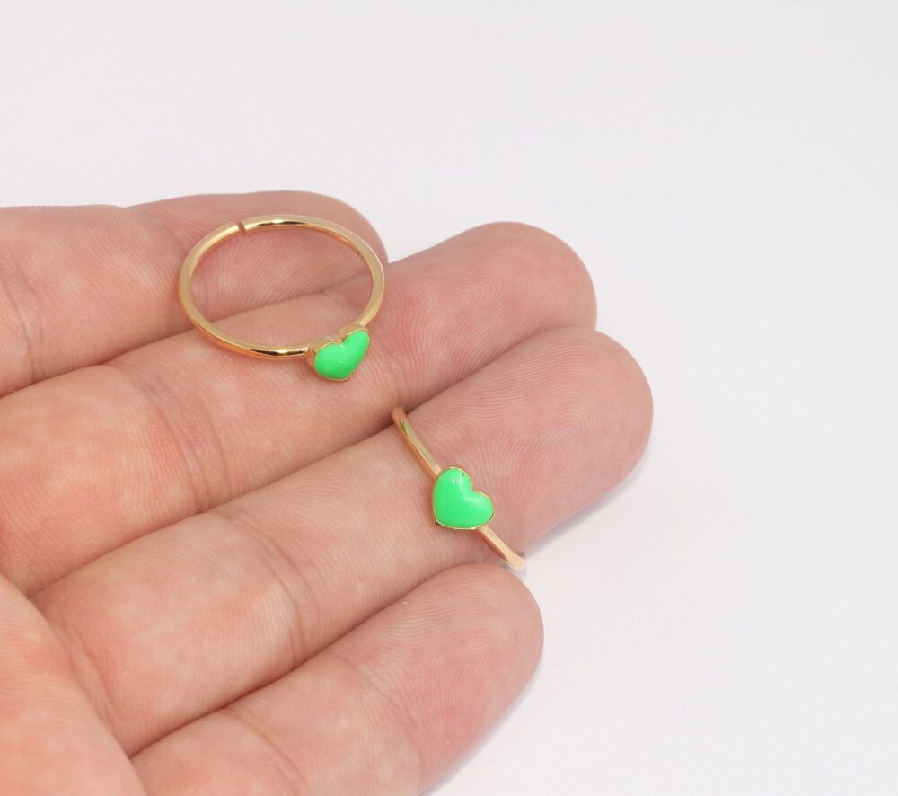 18-19mm 24K Shiny Gold Heart Rings, Green Enamel Ring, Adjustable Stacking Women's Plated Slm272