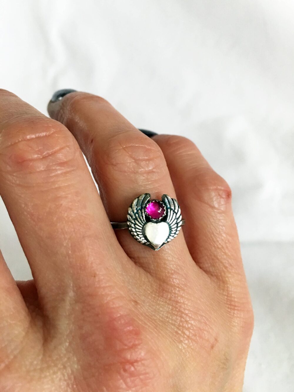 Winged Heart Ring, Flying Gemstone With Wings Sterling Silver Ring