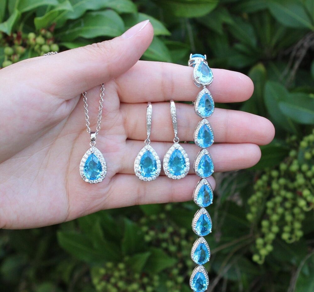 Aqua Blue Bridal Earrings Bracelet Necklace Set Bridesmaid Jewelry Bridesmaids Thank You Gifts Bridal Party March Birthstone Xy1
