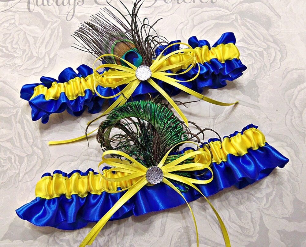 Peacock Feather Wedding Garter Set Royal Blue & Yellow Bridal Garters