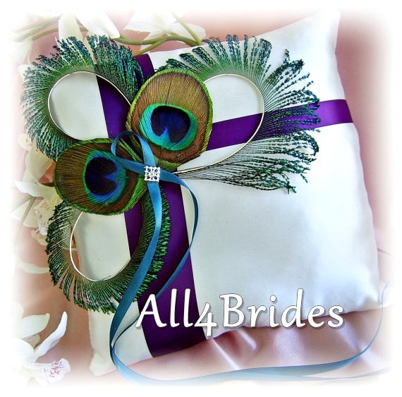 Peacock Feather Wedding Ring Pillow, Purple & Teal Satin