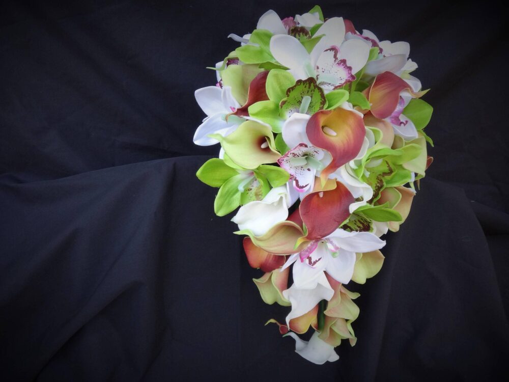 Cascading Bridal Bouquet Artificial Flower Wedding Arrangement Autumn Theme Fall Tropical Style Green Accent Orange Calla Lily